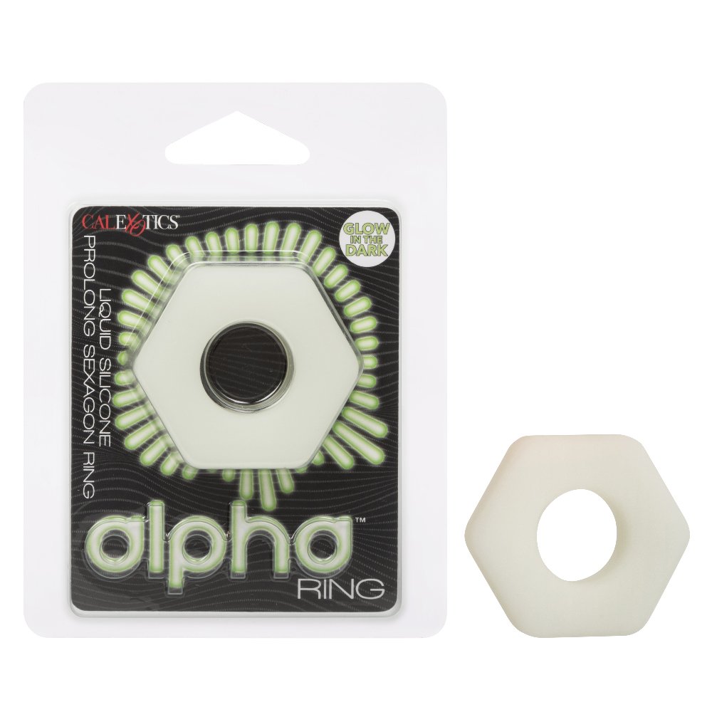 096lyMb7EiiirNbHoYh9Tk9HurLc8Tbl.jpg Alpha Glow-in-the-Dark Liquid Silicone Prolong Sexagon Ring - White - Image 1