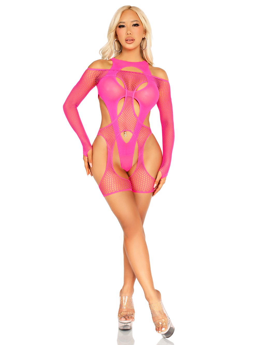 27NsBZXK.jpg 2 Pc Fishnet Garter Harness and Opaque Cut-Out Teddy O/s - Neon Pink - Image 1