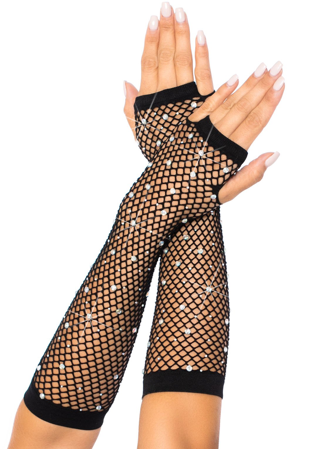 2AxDZVG9hpYDxOIobtUAzJnjDi8ftBkn.jpg Rhinestone Fishnet Arm Warmers Black - Image 1