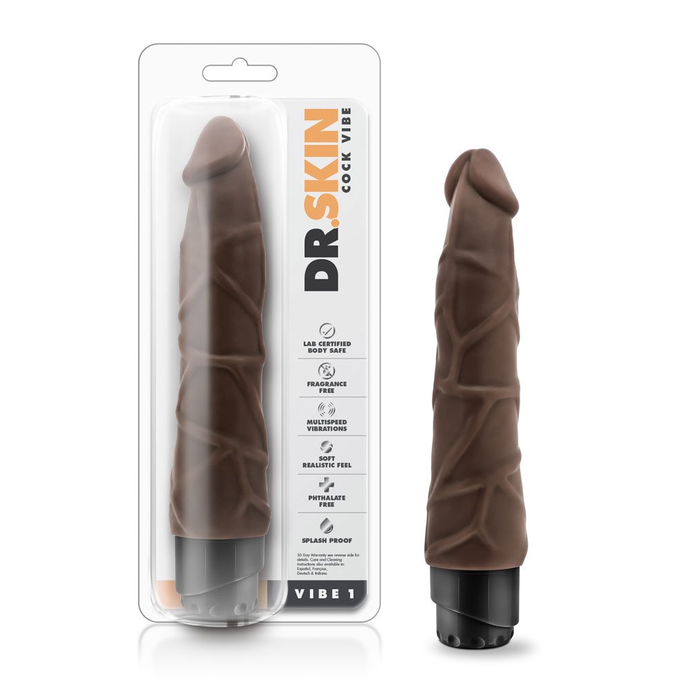 www.blushnovelties.com Dr. Skin - Cock Vibe 1 - 9 Inch Vibrating Cock - Chocolate - Image 1