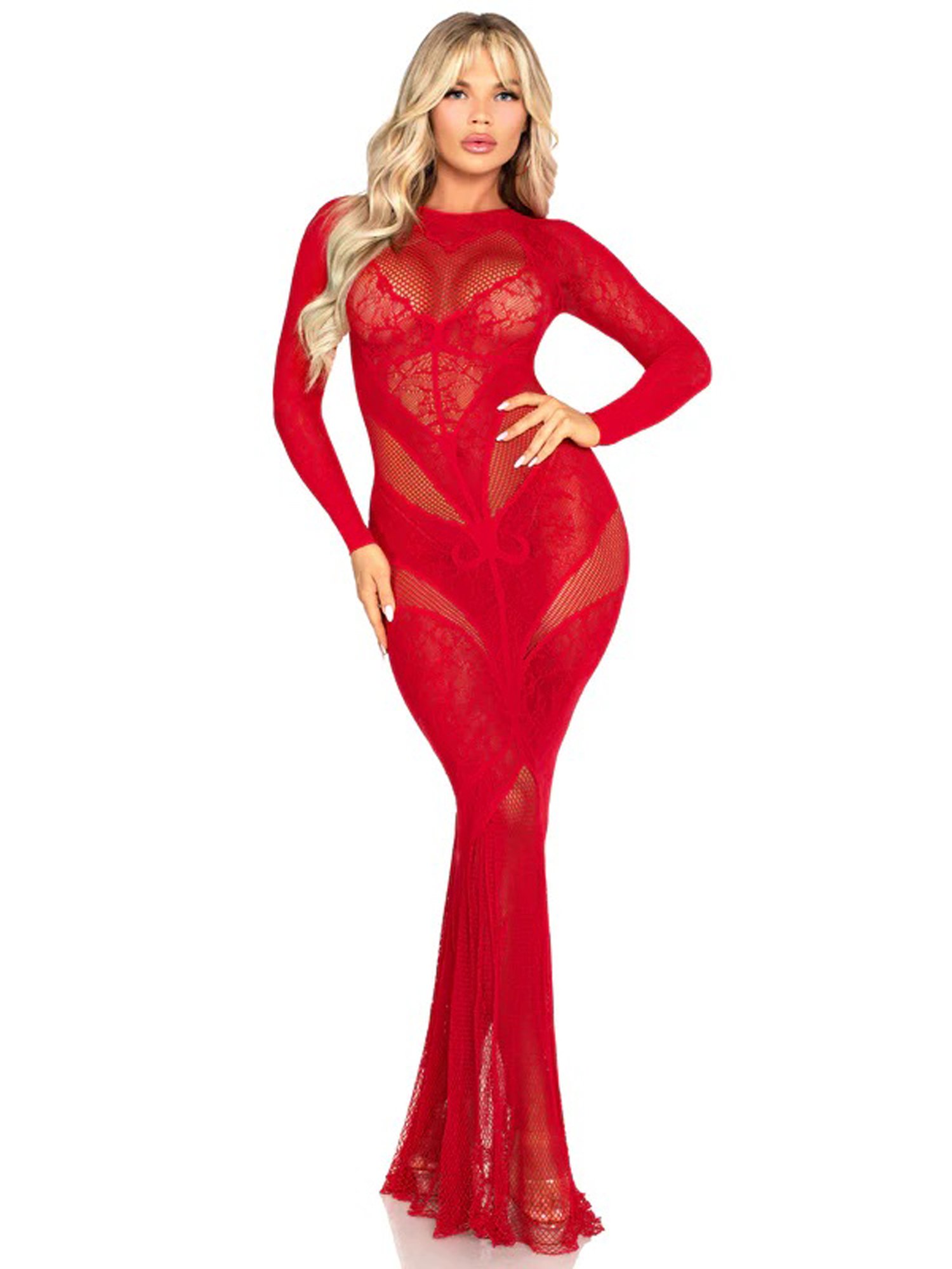 IkTn3To10zoE71bATpbiQCMsmoh1EfGp.jpg Red Lace and Net Body Con Gown - With Heart Keyhole Detail - Os - Image 1