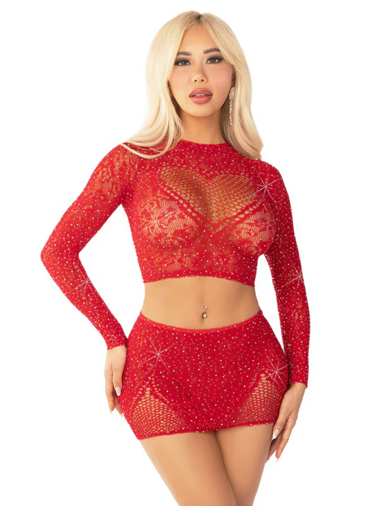 RN11P6njTWKZ81KxDNmqawDVmqatquzb.jpg Red 2pc Rhinestone Lace and Net Crop Top with - Heart Keyhole Mini Skirt - Os - Image 1