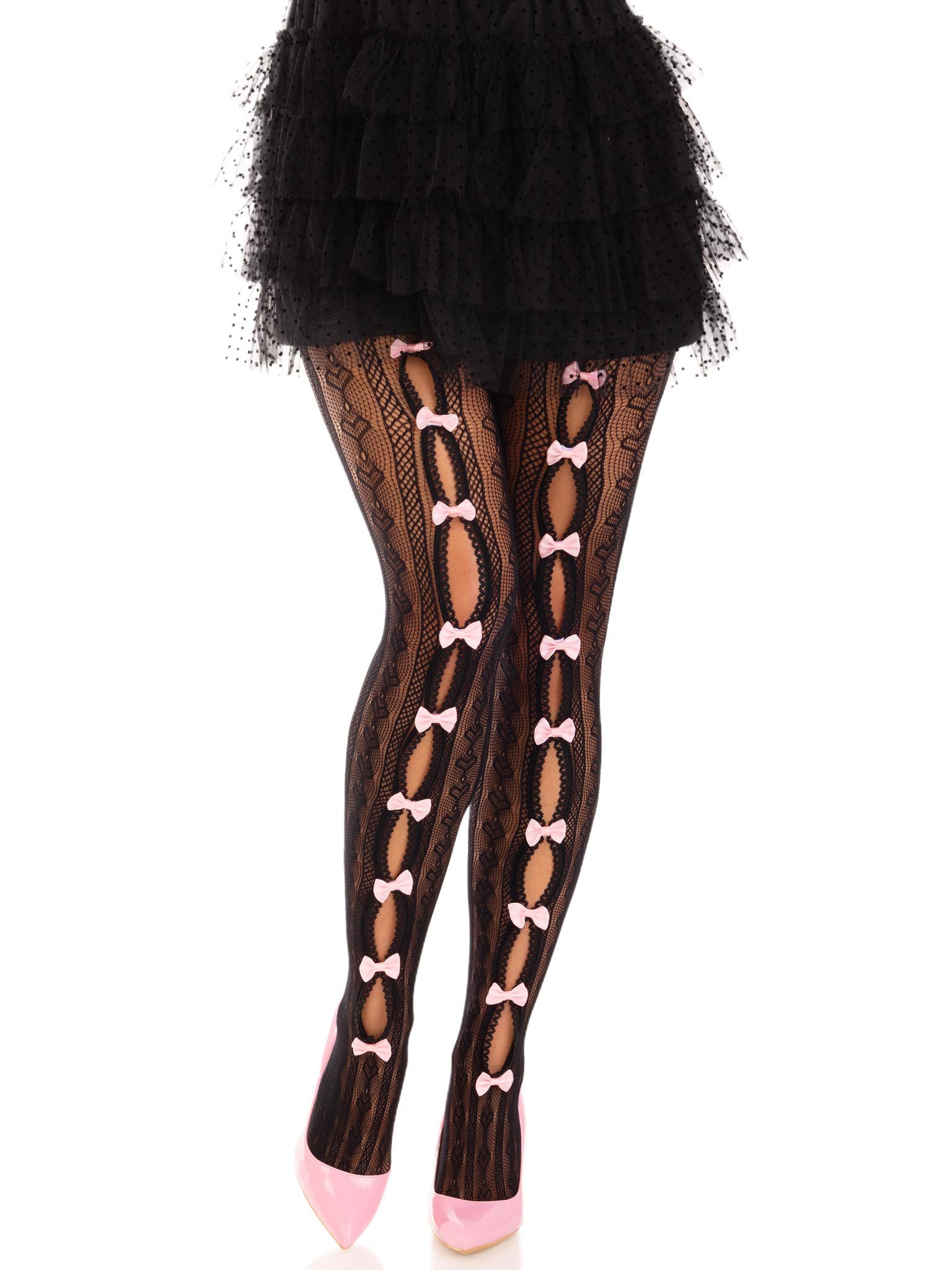 RdN0ErzcF654gTVrAlLMyojfhDa2nS0b.jpg Sweetheart Striped Net Tights With Keyhole and Mini Bow Detail - One Size - Black - Image 1