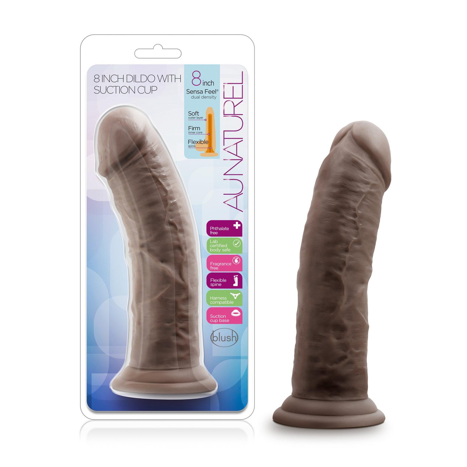 www.blushnovelties.com Au Naturel - 8 Inch Dildo With Suction Cup - Chocolate - Image 1