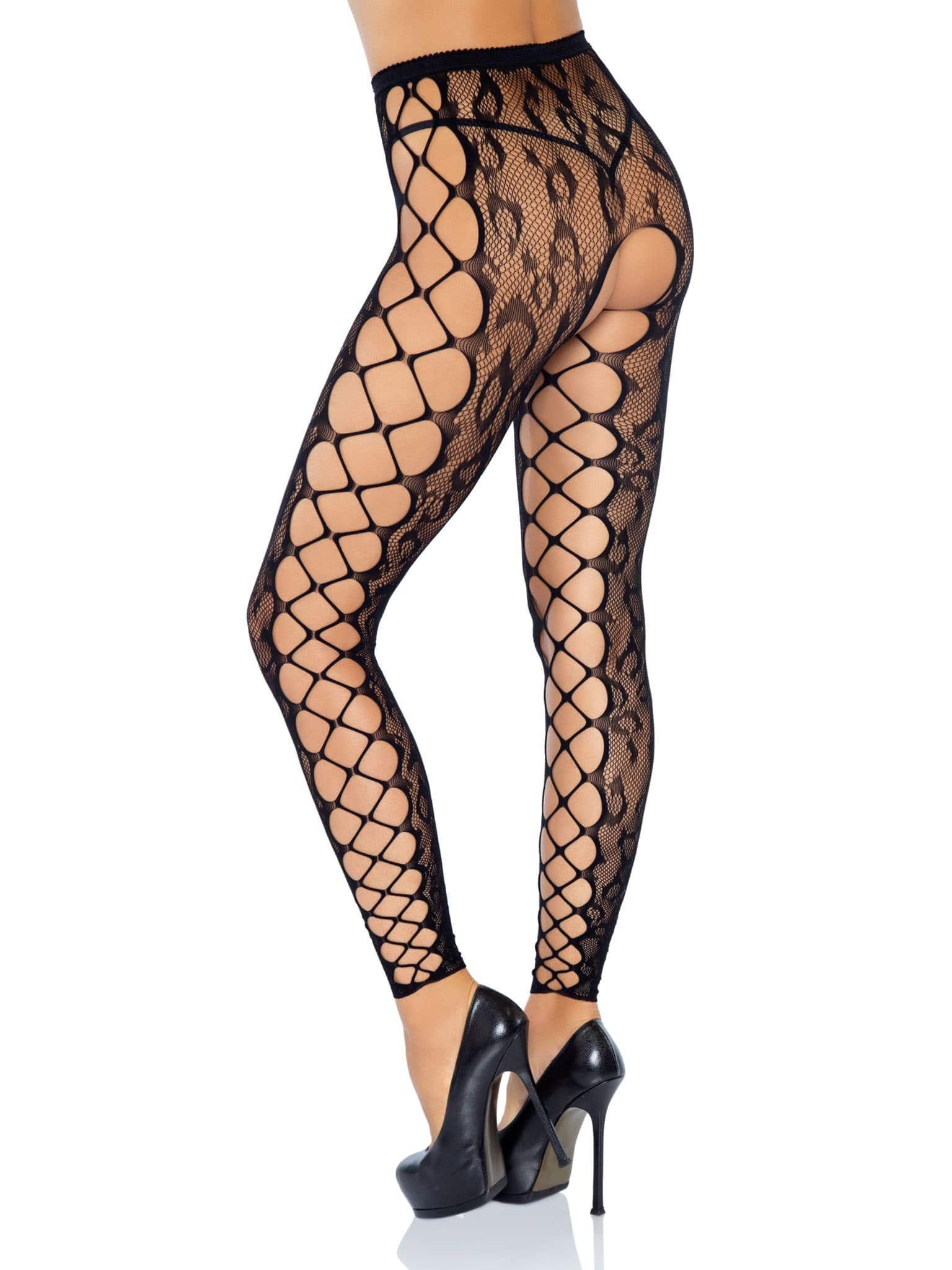 XiDeXoeyAfXDKxZLMCMSpCFPZii82Zqg.jpg Footless Leopard Lace Crotchless Tights - Black - Image 1