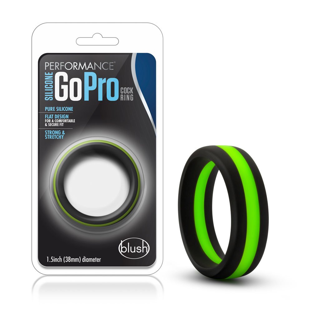 www.blushnovelties.com Performance - Silicone Go Pro Cock Ring - Black/green/black - Image 1