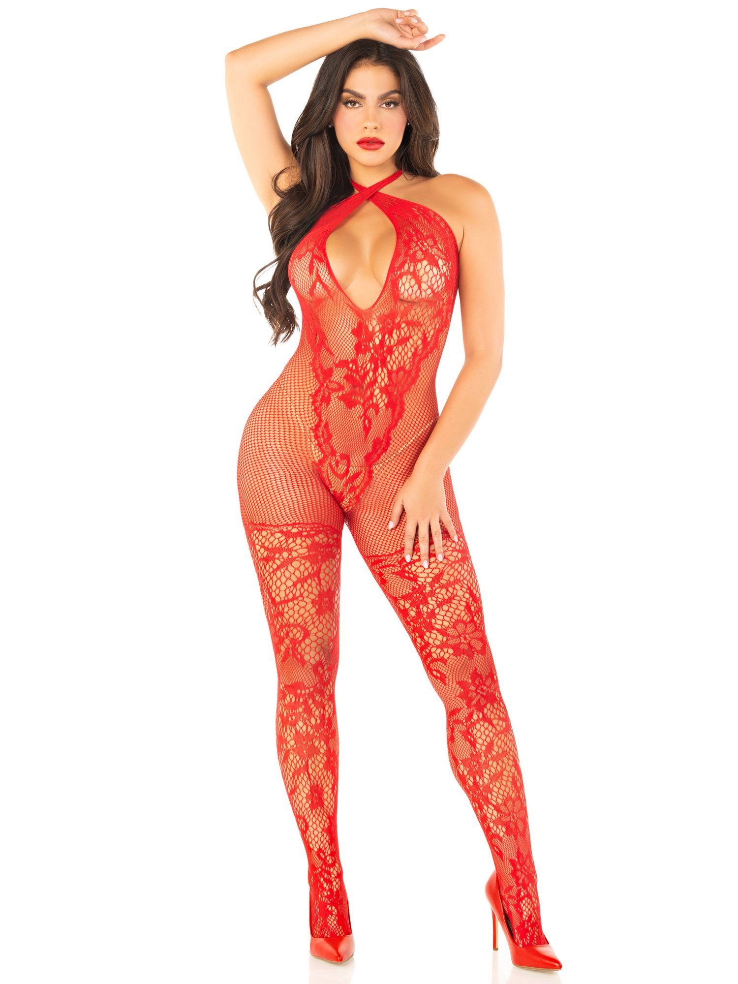 ZjP5q5zT6E9lrbxwdQVnoHZB3qyyDO9p.jpg Red Seamless Net and Lace Lingerie Jumpsuit - With Keyhole Crossover Halter - Os - Image 1