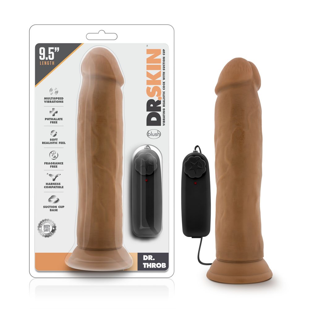 www.blushnovelties.com Dr. Skin - Dr. Throb - 9.5 Inch Vibrating Realistic Cock With Suction Cup - Mocha - Image 1