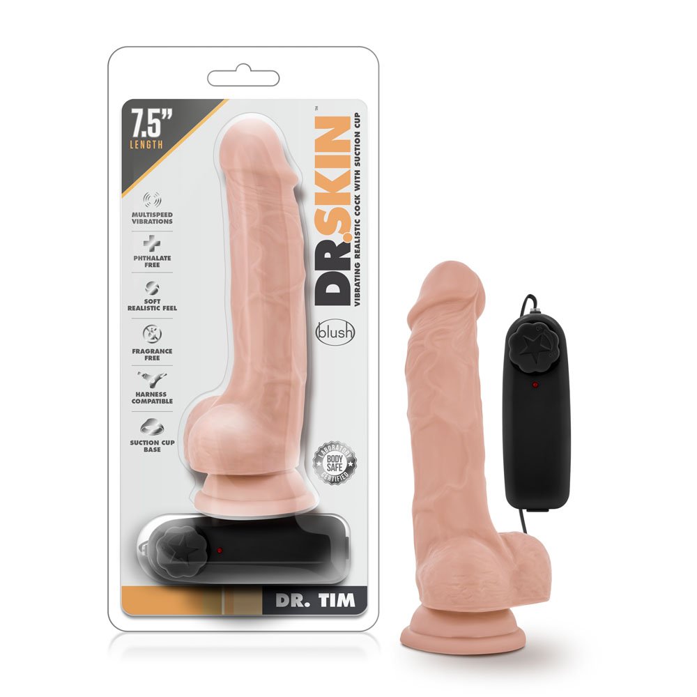 www.blushnovelties.com Dr. Skin - Dr. Tim - 7.5 Inch Vibrating Cock With Suction Cup - Vanilla - Image 1