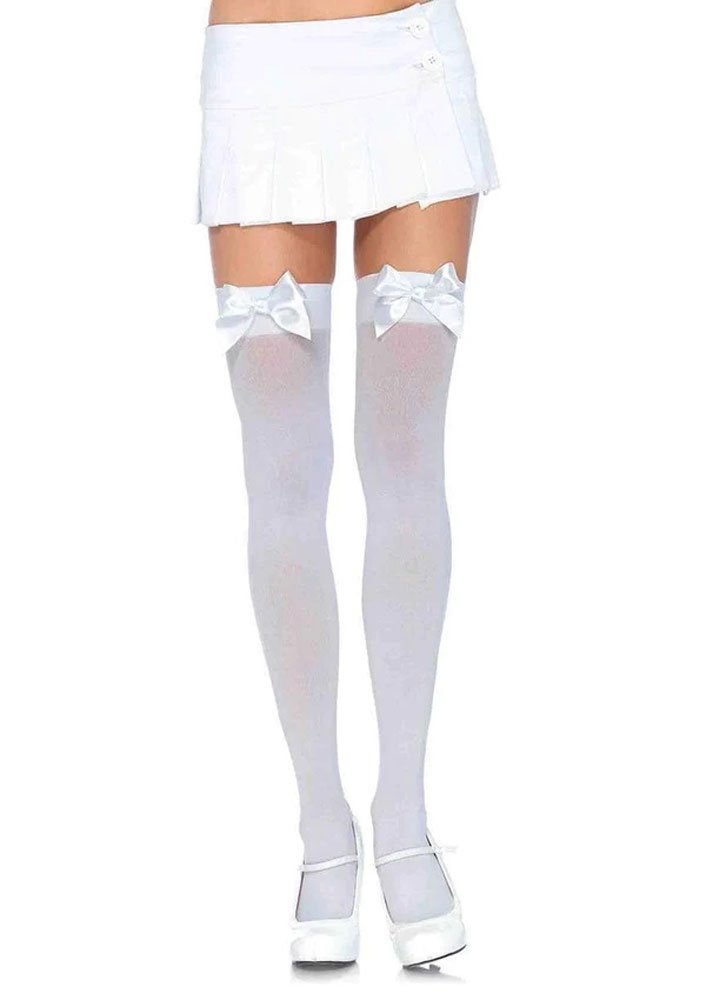 qwkP2xHM9D0uQTfDAEQ0zmkx8U2g7RbJ.jpg Opaque Thigh Highs With Satin Bow Accent - One Size - White - Image 1