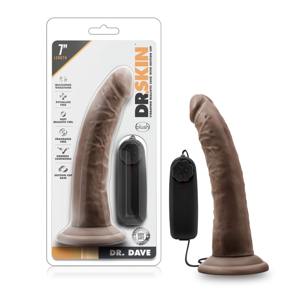 www.blushnovelties.com Dr. Skin - Dr. Dave - 7 Inch Vibrating Cock With Suction Cup - Chocolate - Image 1