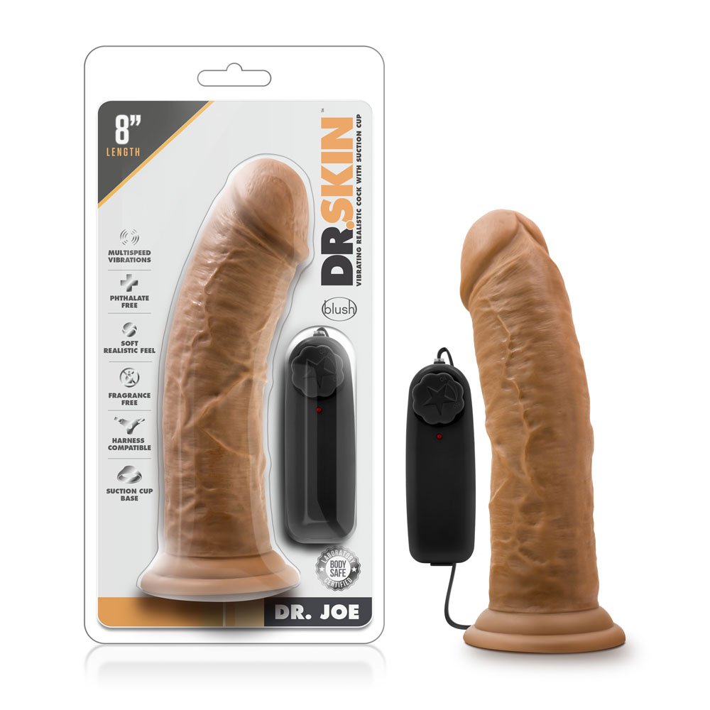www.blushnovelties.com Dr. Skin - Dr. Joe - 8 Inch Vibrating Cock With Suction Cup - Mocha - Image 1