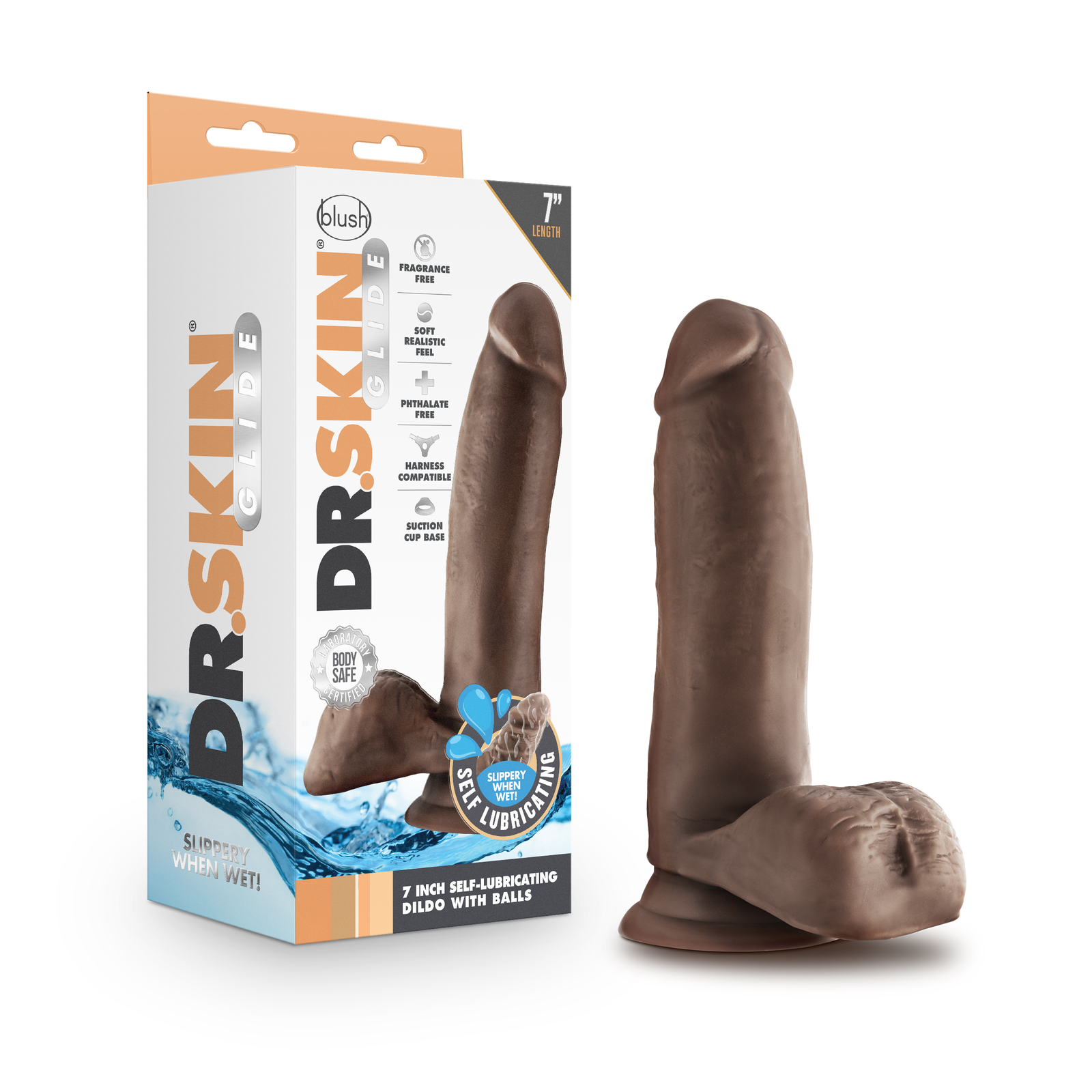 wmkpAUFfuXrDxKxUPhBuUD2UVxlCwjME.png Dr. Skin Glide - 7 Inch Self Lubricating Dildo With Balls - Chocolate - Image 1