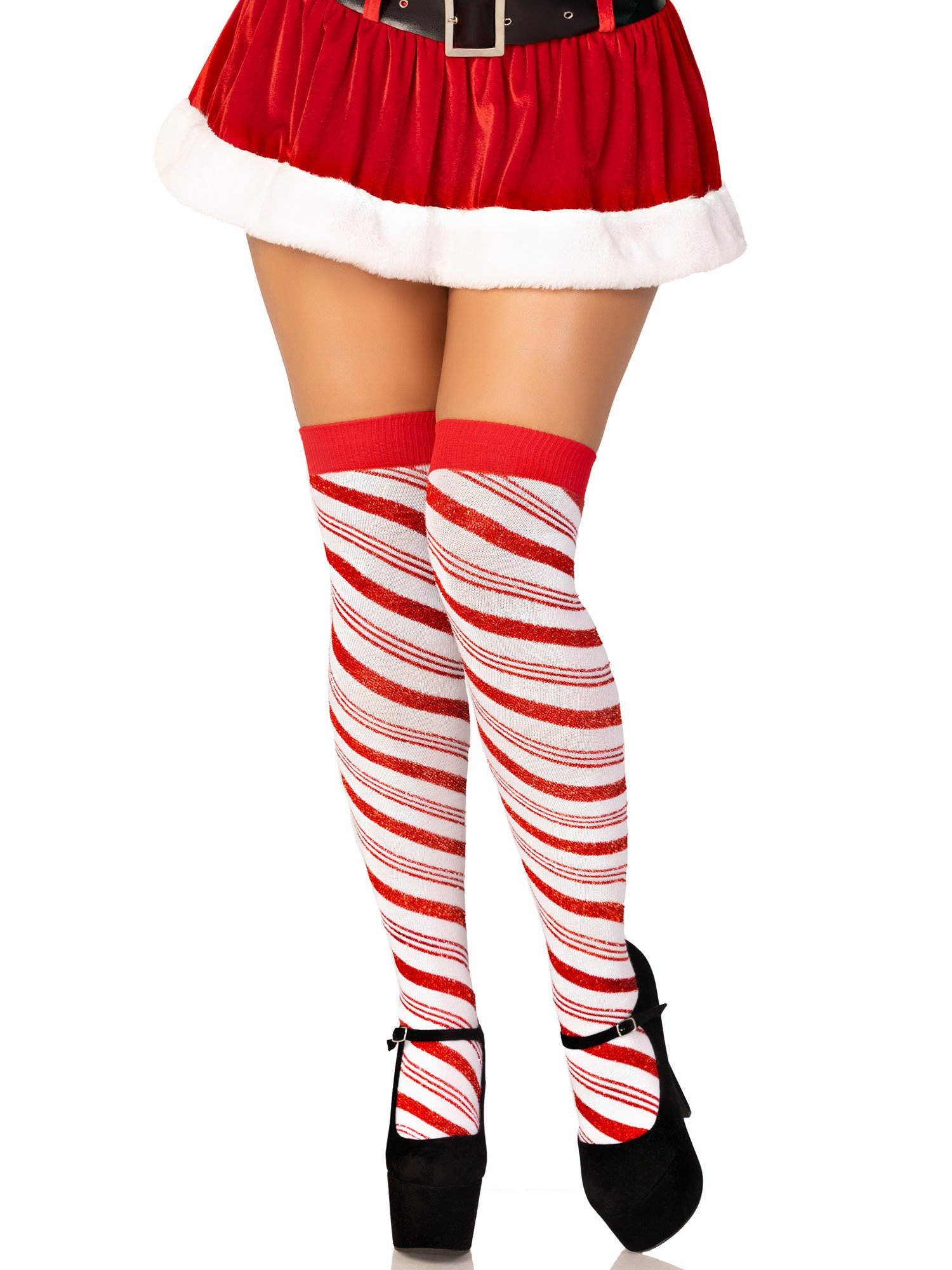 yACglqEkougacwjm3GNlJfDE6vkfHhy0.jpg Candy Cane Lurex Striped Socks - Over the Knee - Os - White/red - Image 1