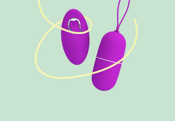 Purple remote-control egg vibrator with loop and remote on a mint background