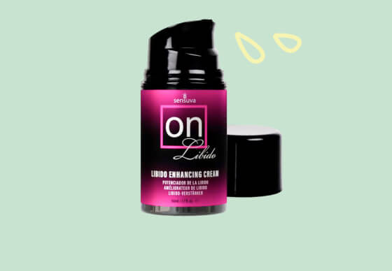 Sensuva ON Libido enhancing cream bottle on a mint background, cap open