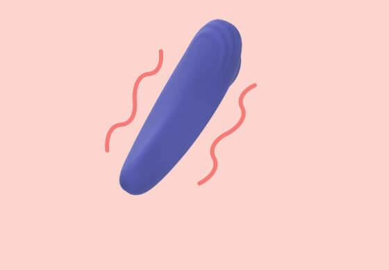 Blue silicone bullet vibrator on a pastel pink background with motion lines