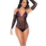 Whispered Lace Fishnet Bodysuit - Os - Black/purple