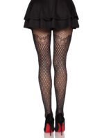 Gilded Grid Net Tights With Bow Lace Top - Os - Black - Image 2
