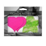 Fashion Pasties Set - Neon Pink Satin Heart and  Neon Green Lace Star