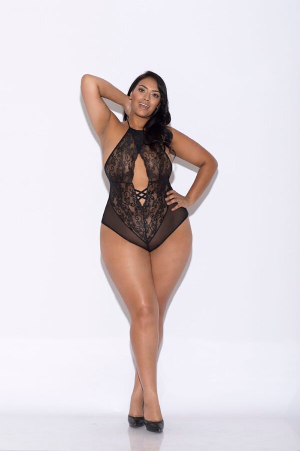 Lace and Mesh Halter Teddy - Queen Size - Black