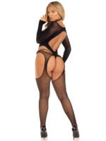 2 Pc Fishnet Suspender Lingerie Jumpsuit and Layered Opaque Teddy O/s - Black - Image 3