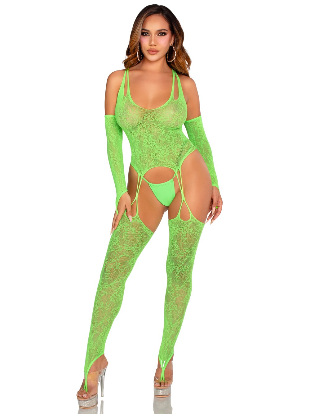 2-pc-lace-halter-footless-cami-garter-with-attached-toe-loop-stockings-os-neon-green 2 Pc Lace Halter Footless Cami Garter With Attached Toe Loop Stockings O/s - Neon Green - Image 1