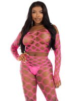2 Pc Net Crop Top and Footless Tights - One Size - Neon Pink - Image 2