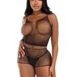 2 Pc Net Tank Top With Boy Shorts - One Size - Black