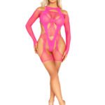 2 Pc Fishnet Garter Harness and Opaque Cut-Out Teddy O/s - Neon Pink