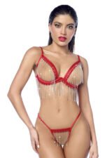 Two-Piece Red Lingerie Set with Underwire Top and Rhinestone Fringe – Large/XL