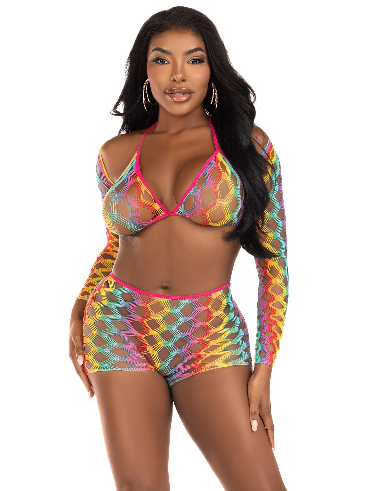 3-pc-net-bra-top-with-shrug-and-boy-shorts-one-size-multicolor 3 Pc Net Bra Top With Shrug and Boy Shorts - One Size - Multicolor - Image 1