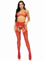 3 Pc Rhinestone Bra Top, G-String, and Garter Belt Stockings - One Size - Red - Image 3