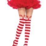 Rudolph Reindeer Opaque Striped Pantyhose With Sheer Thigh High Accent
