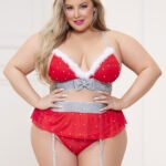 3 Pc Rhinestone Stud Bra With Marabou Trim and  Garter Belt With Mesh Thong - Queen - Red