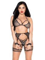 All Tied Up Shimmer 4-Piece Bra and Panty Set – Black/Silver