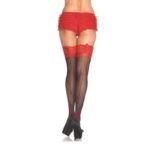 Corset Lace Top Stockings - One Size - Black/ Red