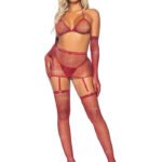 5 Pc Rhinestone Bikini Top G-String Garter Skirt, Gloves and Stockings - One Size - Burgundy