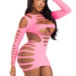 Opaque Shredded Cut Out Mini Dress - One Size - Neon Pink