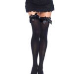 Opaque Thigh Highs With Satin Ruffle Trim and Bow - One Size - Black