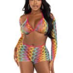 3 Pc Net Bra Top With Shrug and Boy Shorts - One Size - Multicolor