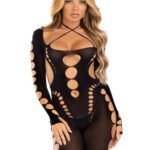 Opaque Cut Out Footless Bodystocking - One Size - Black