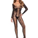 Net and Lace Crotchless Lingerie Jumpsuit - Os - Black