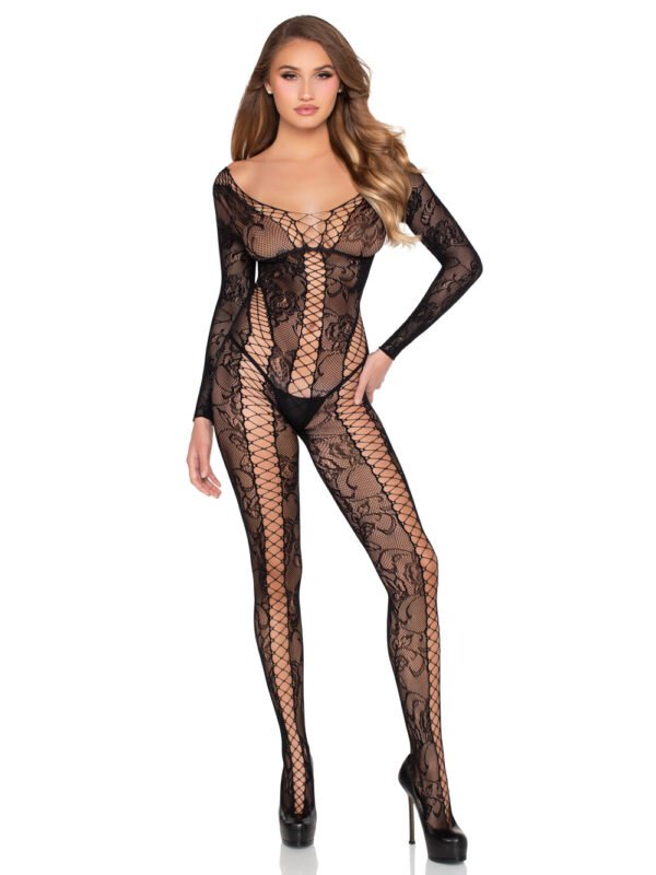 Net and Lace Crotchless Lingerie Jumpsuit - Os - Black
