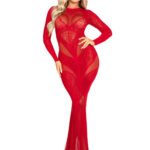 Red Lace and Net Body Con Gown - With Heart Keyhole Detail - Os