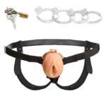 Pussy Chastity Cage Light – Beige TPE with 4 Ball Rings and Vegan Leather Harness - Image 2