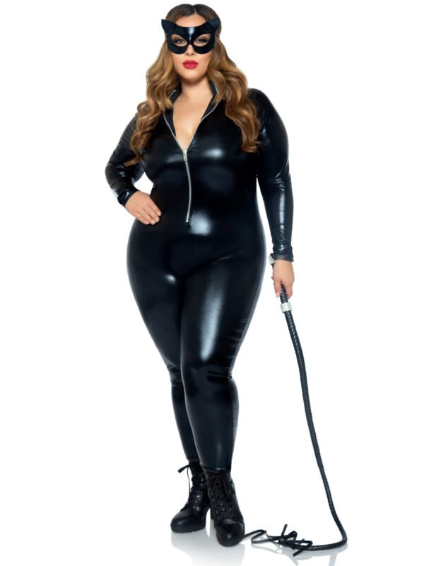 Lame Zipper Front Catsuit - 3x/4x - Black