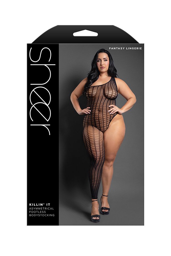 Killin It Asymmetrical Footless Bodystocking - Queen - Black