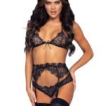 3 Pc Rhinestone Lace Bra Top Panty and Garter Belt Set - Medium - Black