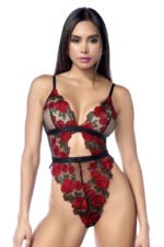 Teddy Large/XL Black and Red Sheer Mesh Teddy with Rose Embroidery